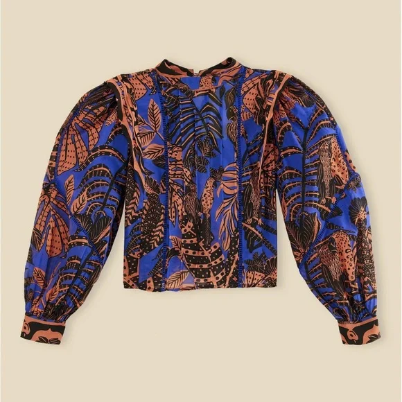 [NWT] $165 FARM RIO Tropical Gold Blue Pleated Long Sleeve Blouse. Size Small - Picture 6 of 12